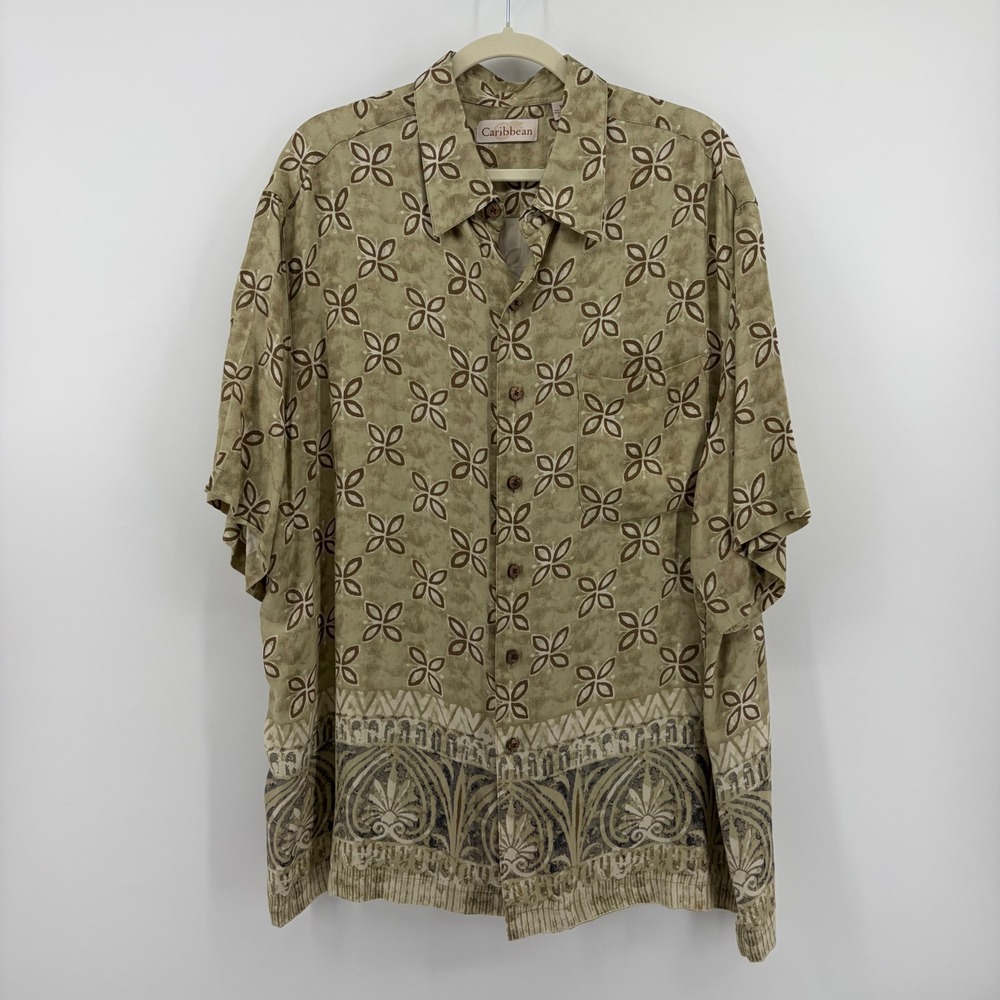 Caribbean Mens XL Olive Brown Rayon Herringbone Floral Short Sleeve Button Shirt